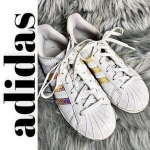 ADIDAS Superstar Sneakers White Leather Gold Metallic Stripes and Heel, Size 5.5